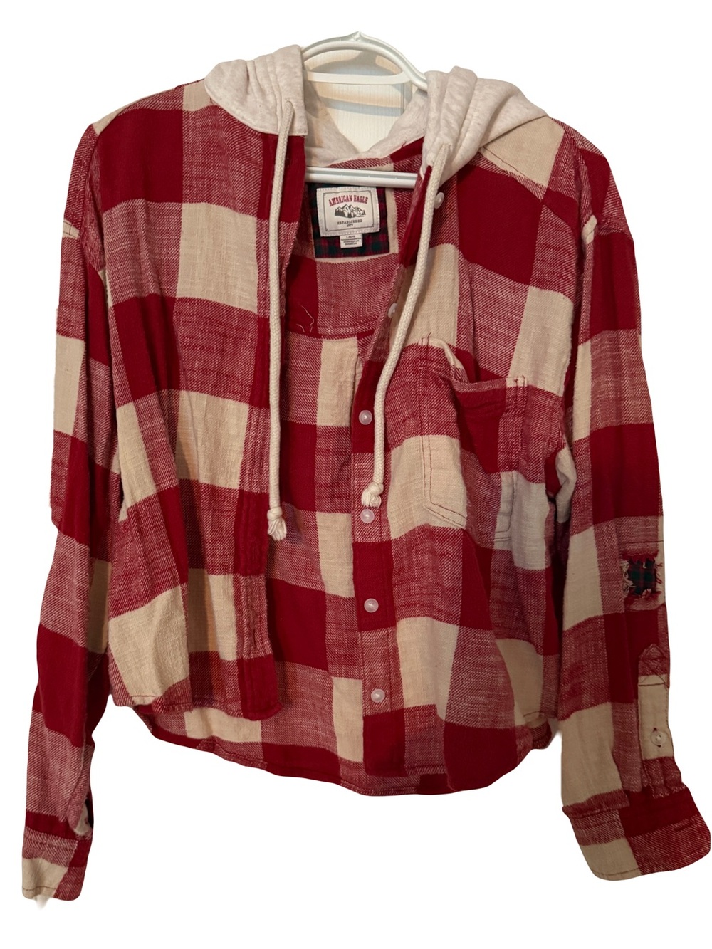 American Eagle Red & Cream Plaid Hooded Shirt Jacket